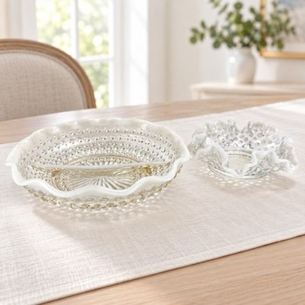 Vintage Anchor Hocking Moonstone Opalescent Glass Serving Dishes Set of 2